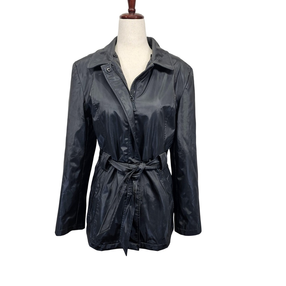 Giacca Coat Womens Small Black Belted Zip Lined Rain Jacket Water Resistant